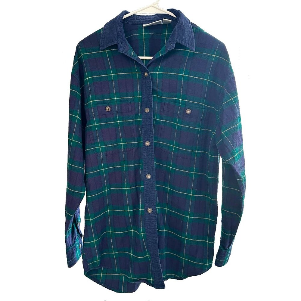 NWoT VAN HEUSEN VINTAGE 1990s Blue + Green Button Down Plaid Flannel Women's M